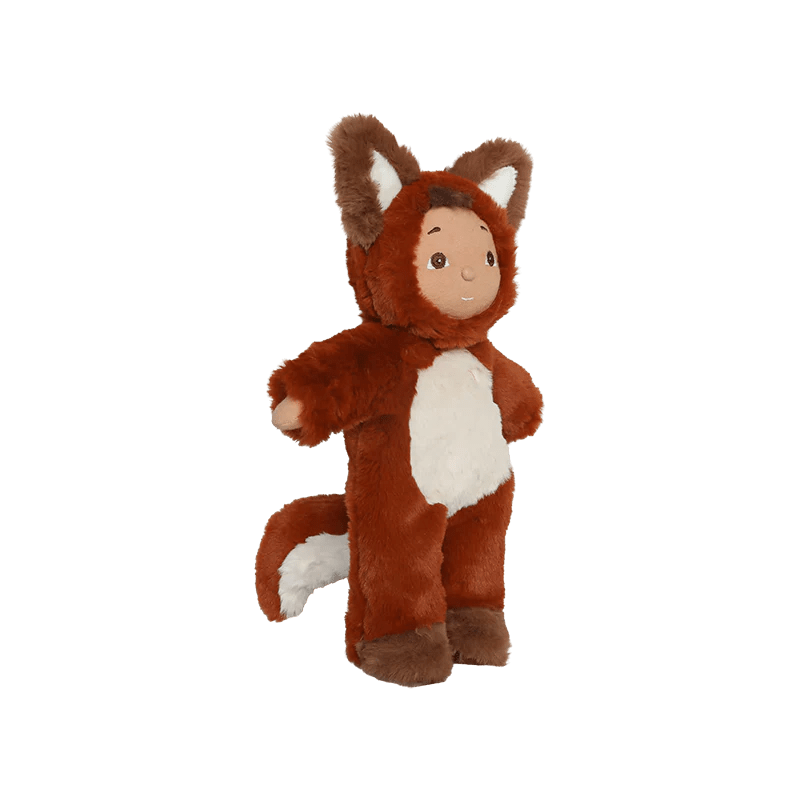 Plush toy in a fox costume on a white background