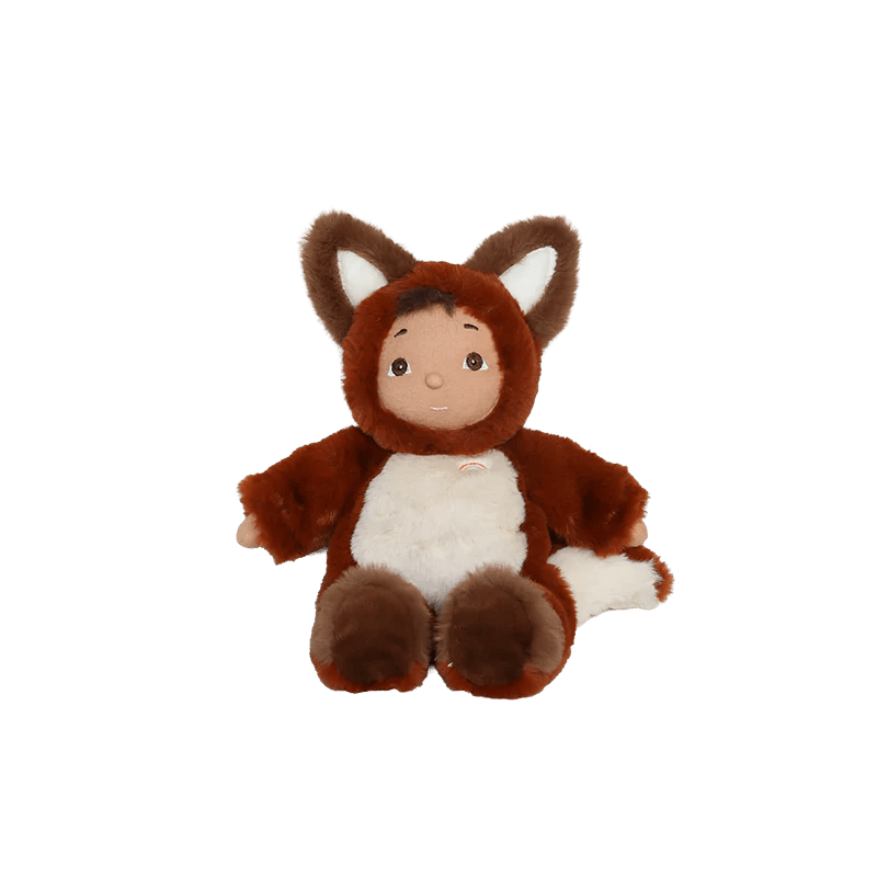 Plush toy in a fox costume on a white background