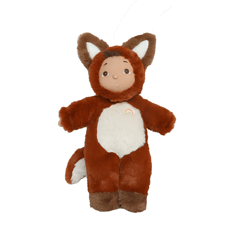 Plush toy in a fox costume on a white background