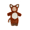 Plush toy in a fox costume on a white background
