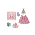 A doll birthday outfit set from Rainbow Rich Children's featuring a pink dress, a unicorn plush, a party hat, a small gift box, and a cake topper, displayed alongside its pink striped packaging box on a white background.