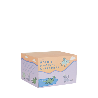 Box with illustrations of magical creatures and text on a white background