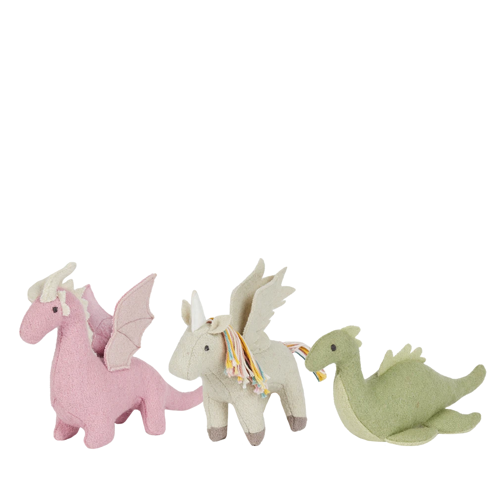 Three colorful dragon-shaped toys on a white background