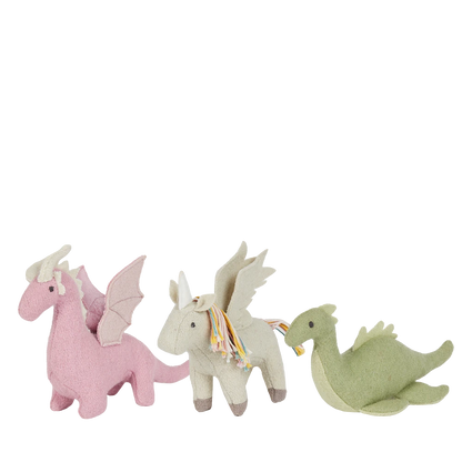 Three colorful dragon-shaped toys on a white background