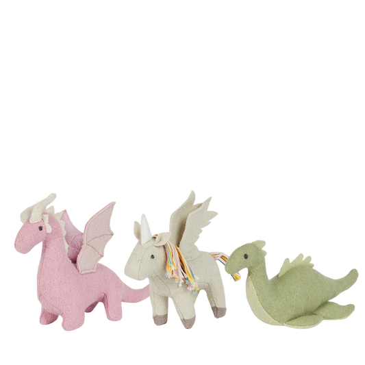 Three colorful dragon-shaped toys on a white background