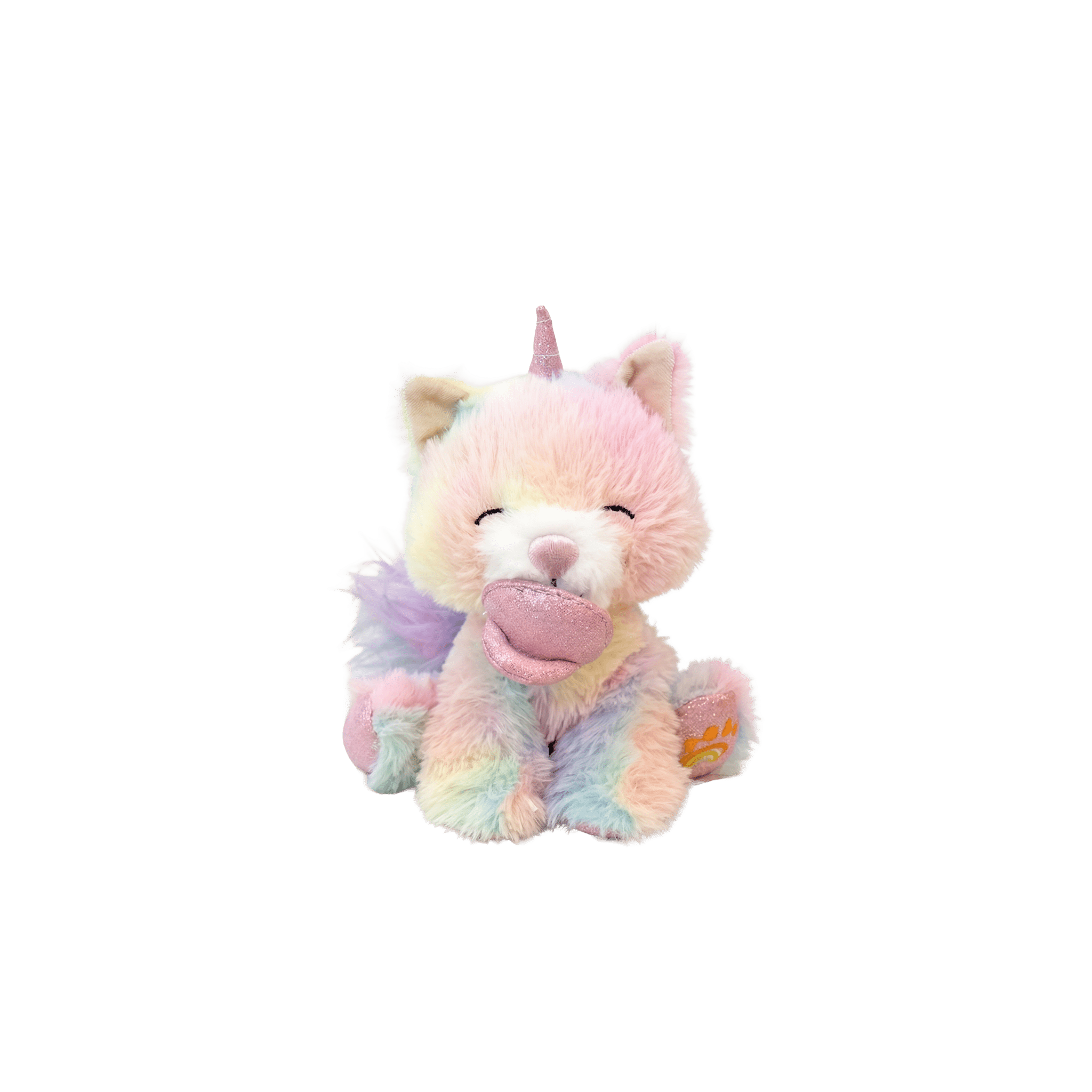 Pastel-colored plush toy with unicorn design on a white background