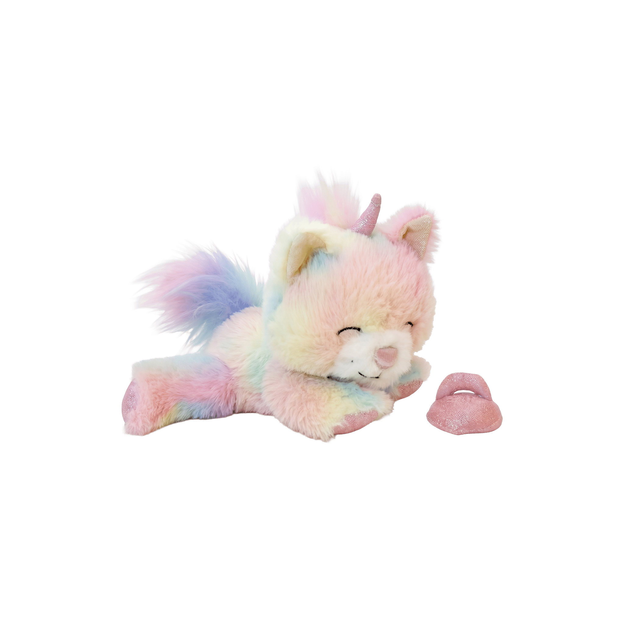 Pastel-colored plush toy with a unicorn design on a white background