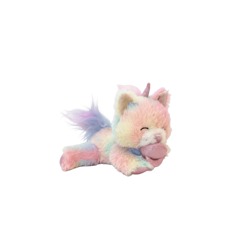 Pastel-colored plush toy with a unicorn design on a white background