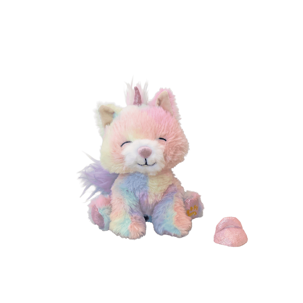 Pastel-colored plush toy on a white background