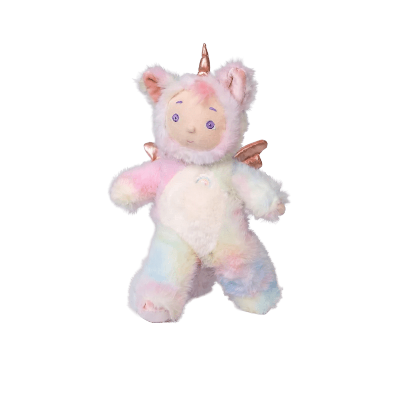 A plush unicorn doll with pastel rainbow fur, a pink horn, and small wings, centered on a plain white background.