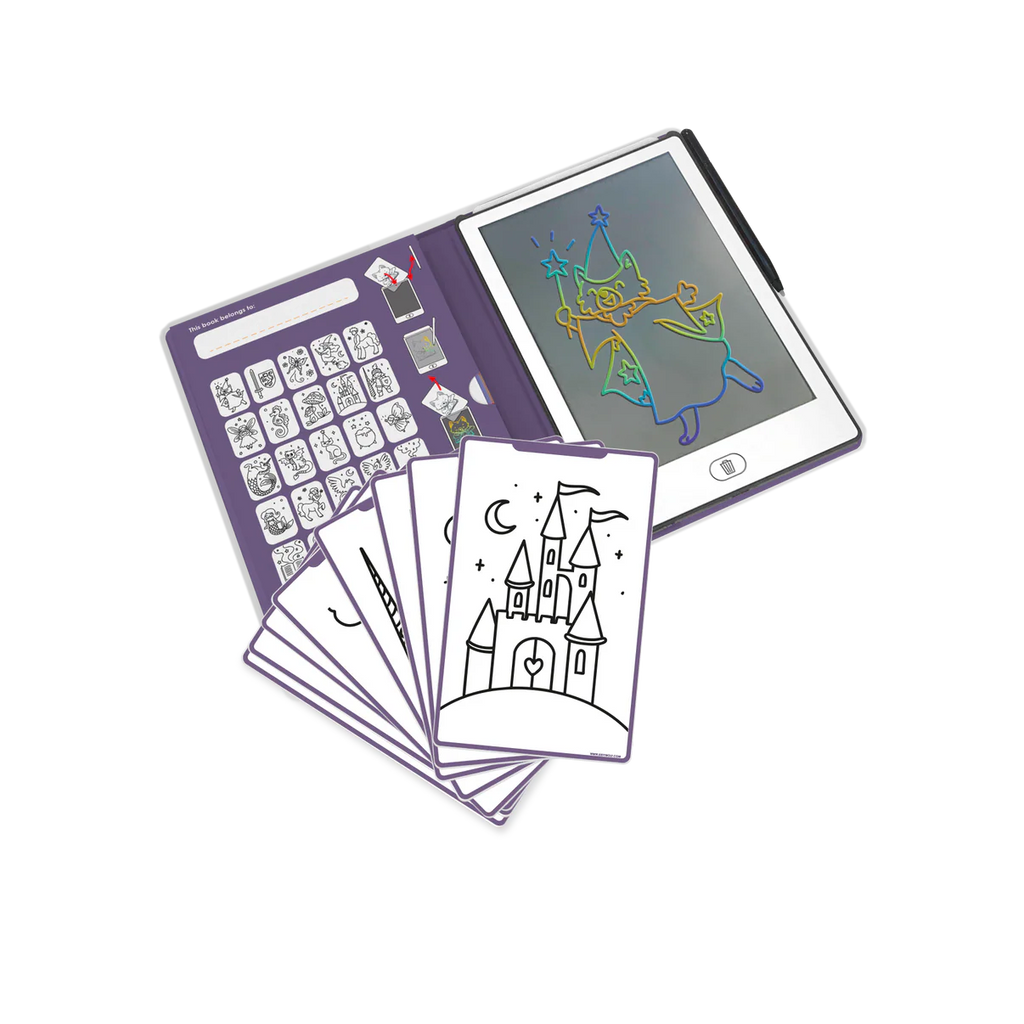 Coloring book with a digital screen displaying a drawing of a fairy, surrounded by coloring sheets.