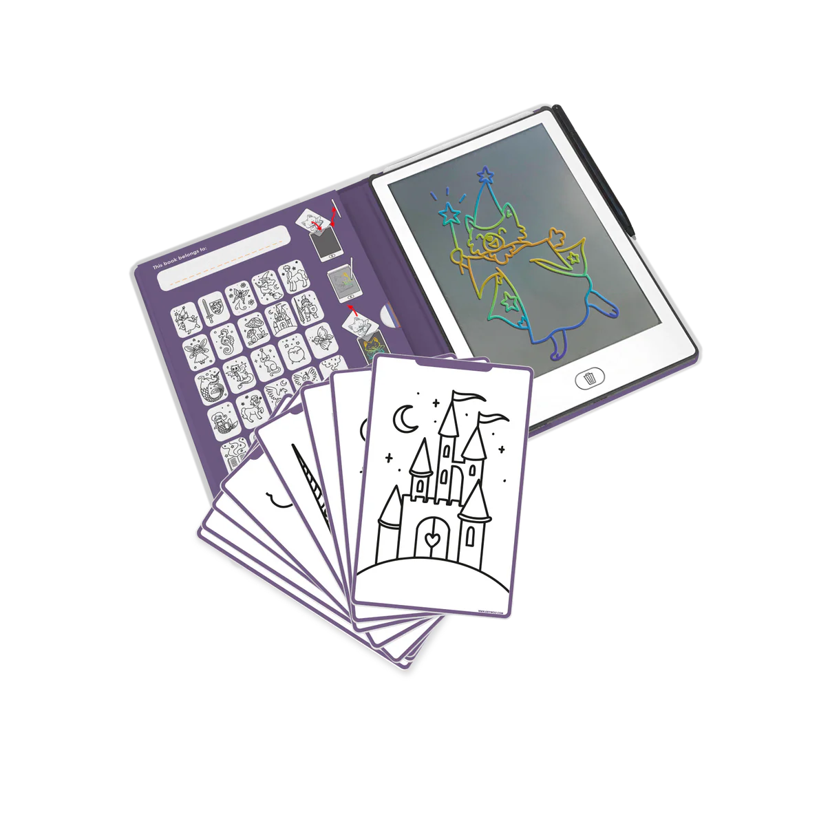 Coloring book with a digital screen displaying a drawing of a fairy, surrounded by coloring sheets.