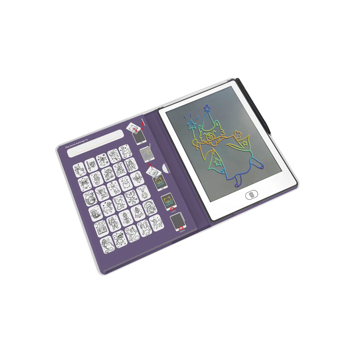 Small electronic device with a screen displaying a colorful drawing on a white background