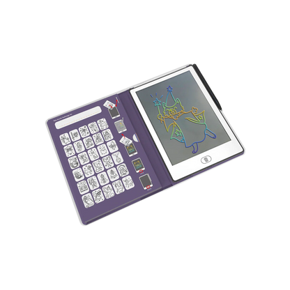 Small electronic device with a screen displaying a colorful drawing on a white background