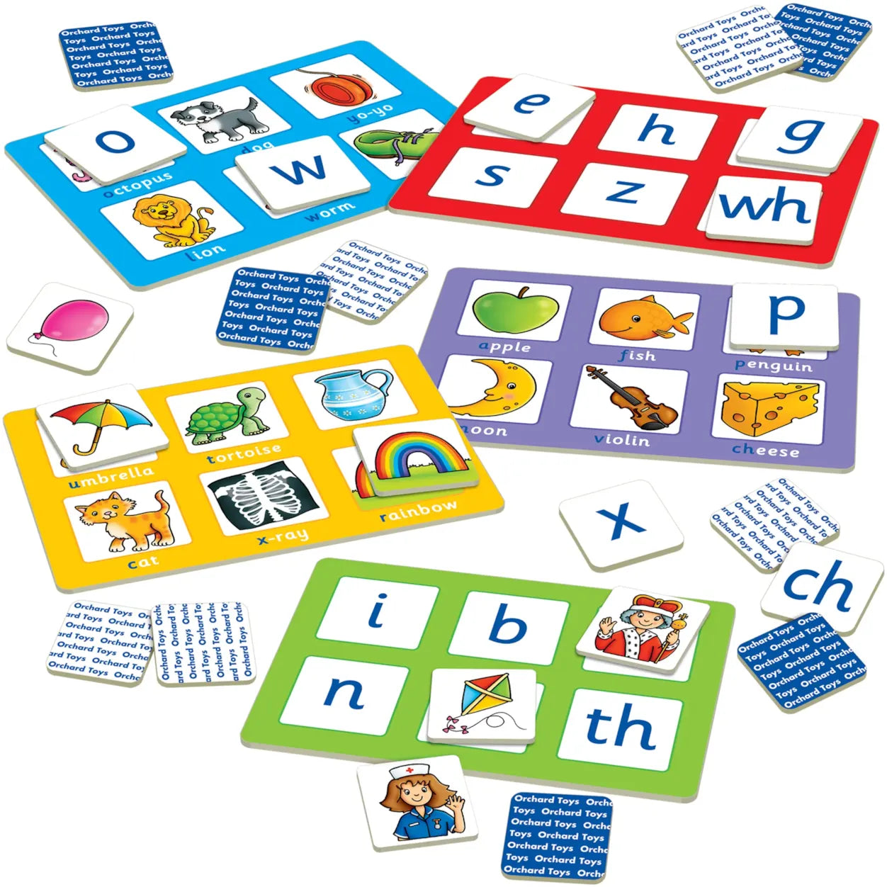 Educational children's learning cards with letters and pictures on a white background