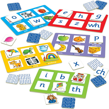 Educational children's learning cards with letters and pictures on a white background