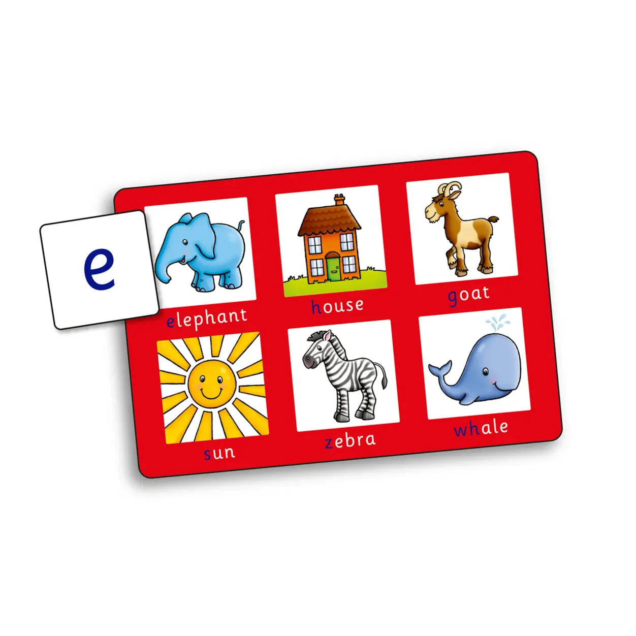 Educational children's board with letters and animal illustrations on a white background