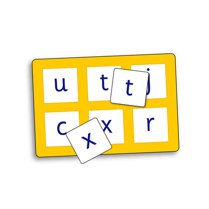 Yellow letter board with magnetic letters on a white background