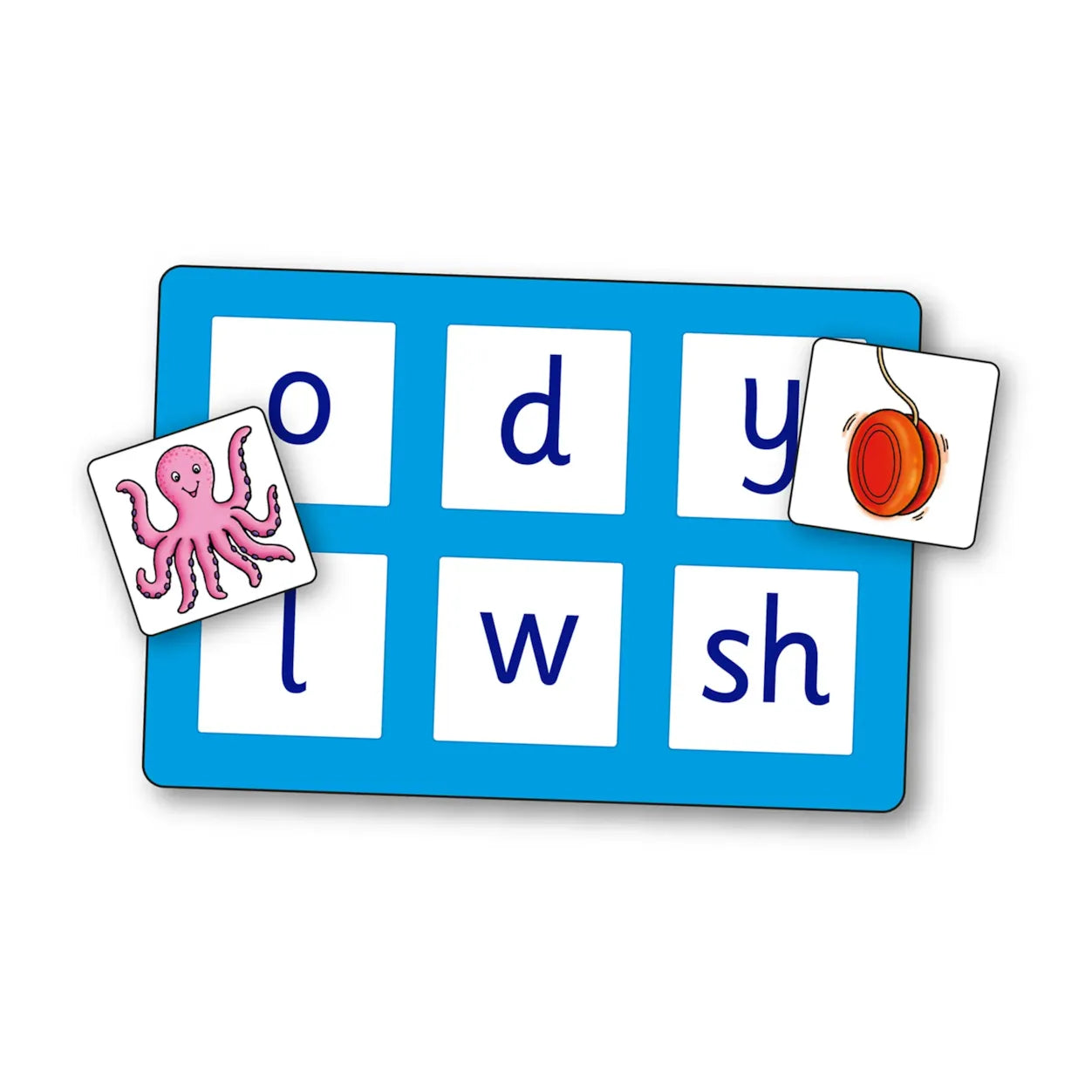 Educational word card game with letters and picture cards on a blue board