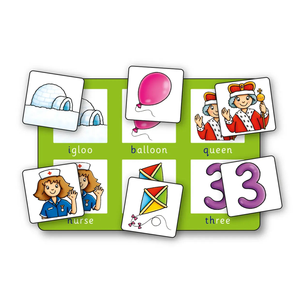 Educational card game with pictures and words on a green mat