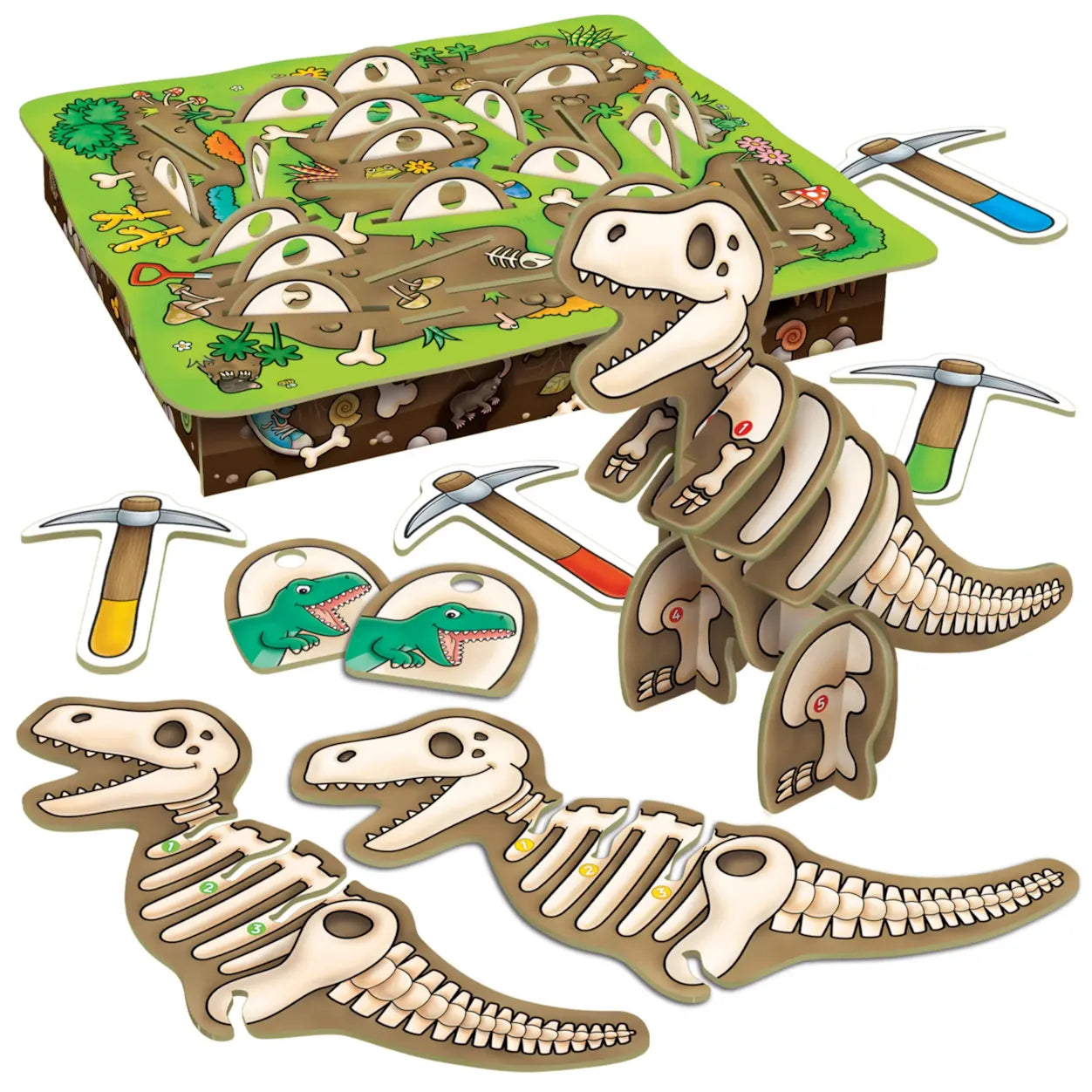 Dinosaur skeleton puzzle set with tools on a white background