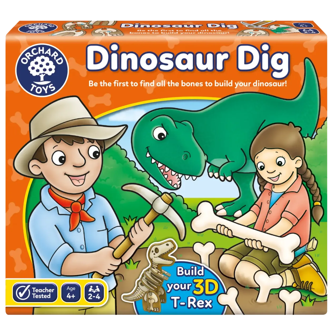Orchard Toys Dinosaur Dig game box with two children and a dinosaur illustration.