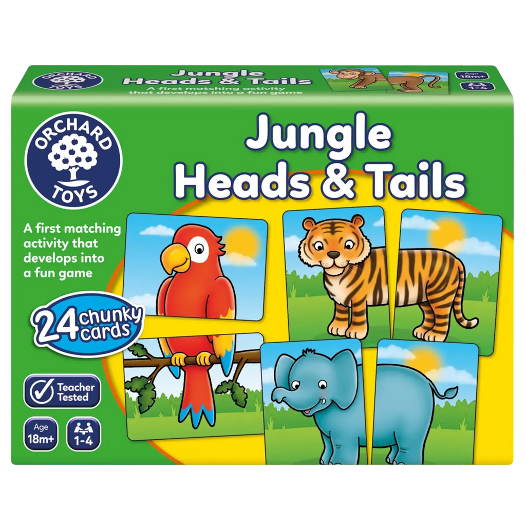 Packaging for 'Jungle Heads & Tails' game by Orchard Toys, featuring illustrations of a parrot, tiger, elephant, and flamingo with a green background.