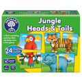 Packaging for 'Jungle Heads & Tails' game by Orchard Toys, featuring illustrations of a parrot, tiger, elephant, and flamingo with a green background.