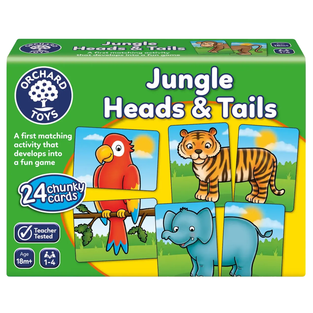 Packaging for 'Jungle Heads & Tails' game by Orchard Toys, featuring illustrations of a parrot, tiger, elephant, and flamingo with a green background.