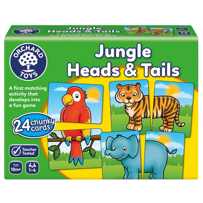 Packaging for 'Jungle Heads & Tails' game by Orchard Toys, featuring illustrations of a parrot, tiger, elephant, and flamingo with a green background.