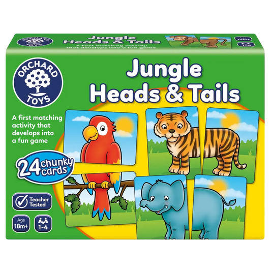 Packaging for 'Jungle Heads & Tails' game by Orchard Toys, featuring illustrations of a parrot, tiger, elephant, and flamingo with a green background.