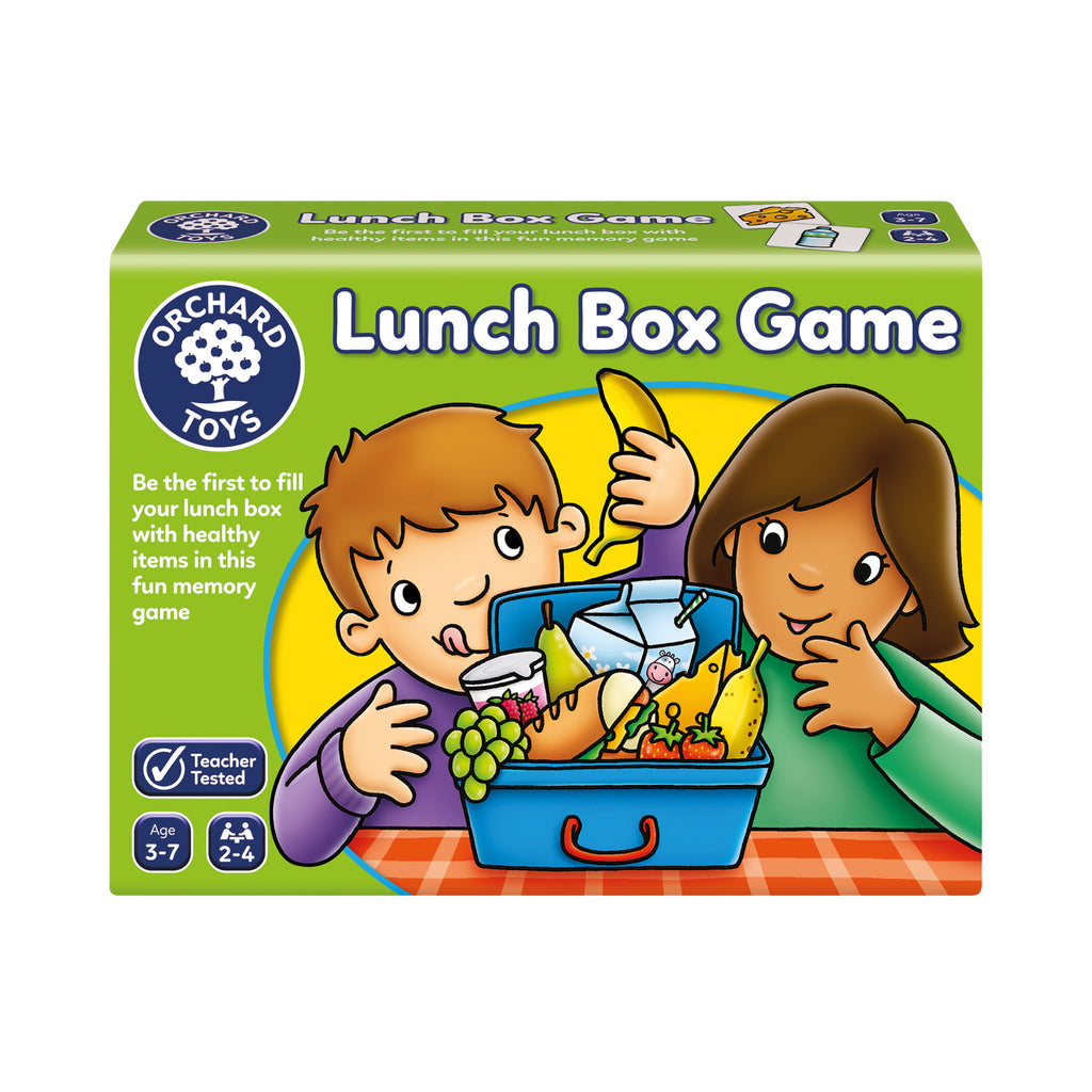 Boxed Lunch Box Game by Orchard Toys featuring illustrations of children with a lunchbox, with a focus on healthy eating.