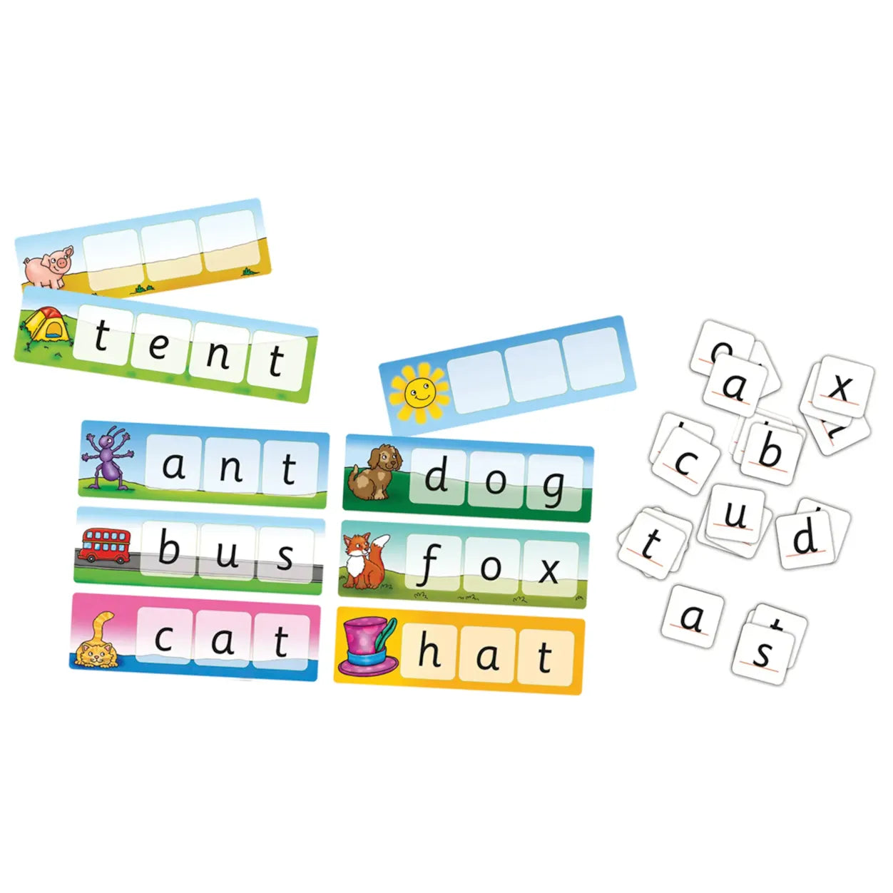 Educational word cards with pictures and letters on a white background