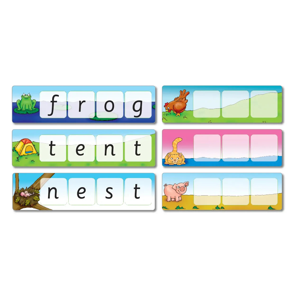 Educational word cards with illustrations and text on a white background