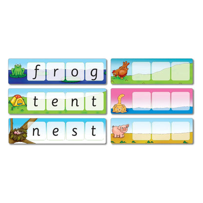 Educational word cards with illustrations and text on a white background