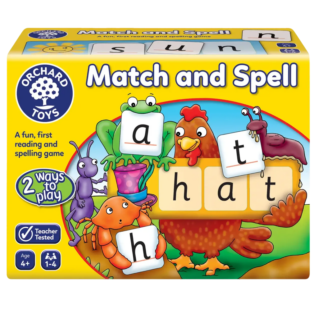 A board game box for 'Match and Spell' featuring illustrations of animals with letter cards and word boards.