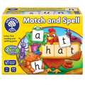 A board game box for 'Match and Spell' featuring illustrations of animals with letter cards and word boards.