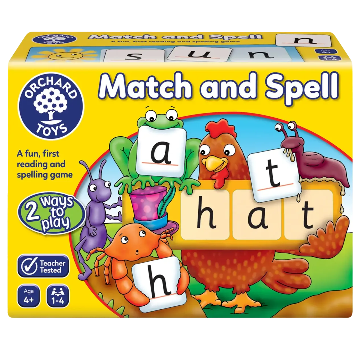 A board game box for 'Match and Spell' featuring illustrations of animals with letter cards and word boards.