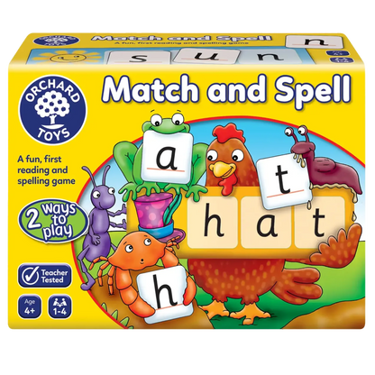 A board game box for 'Match and Spell' featuring illustrations of animals with letter cards and word boards.