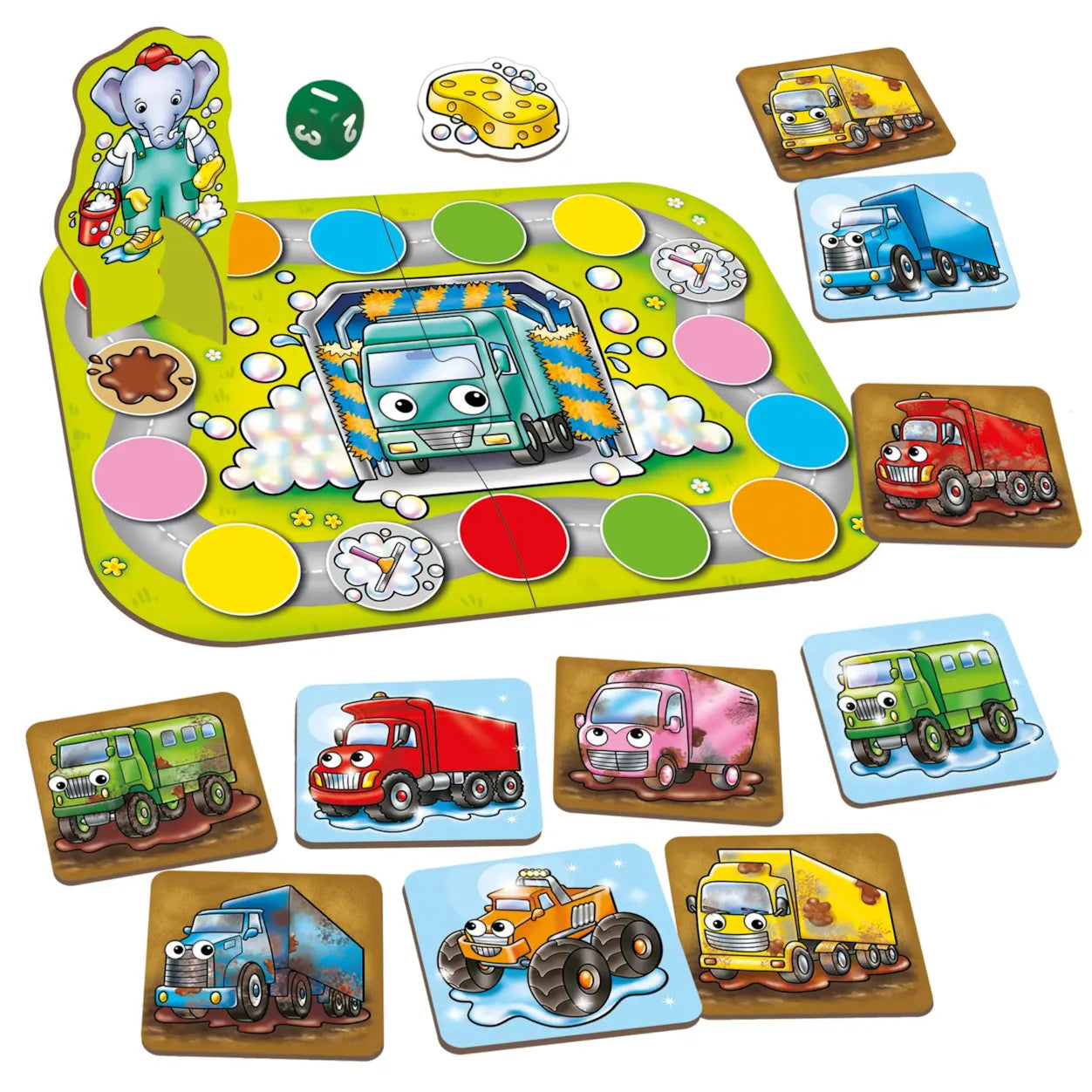 Children's educational board game with colorful truck puzzles and game pieces on a white background