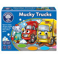 Box of Orchard Toys Mucky Trucks game with colorful trucks and elephant on a blue background