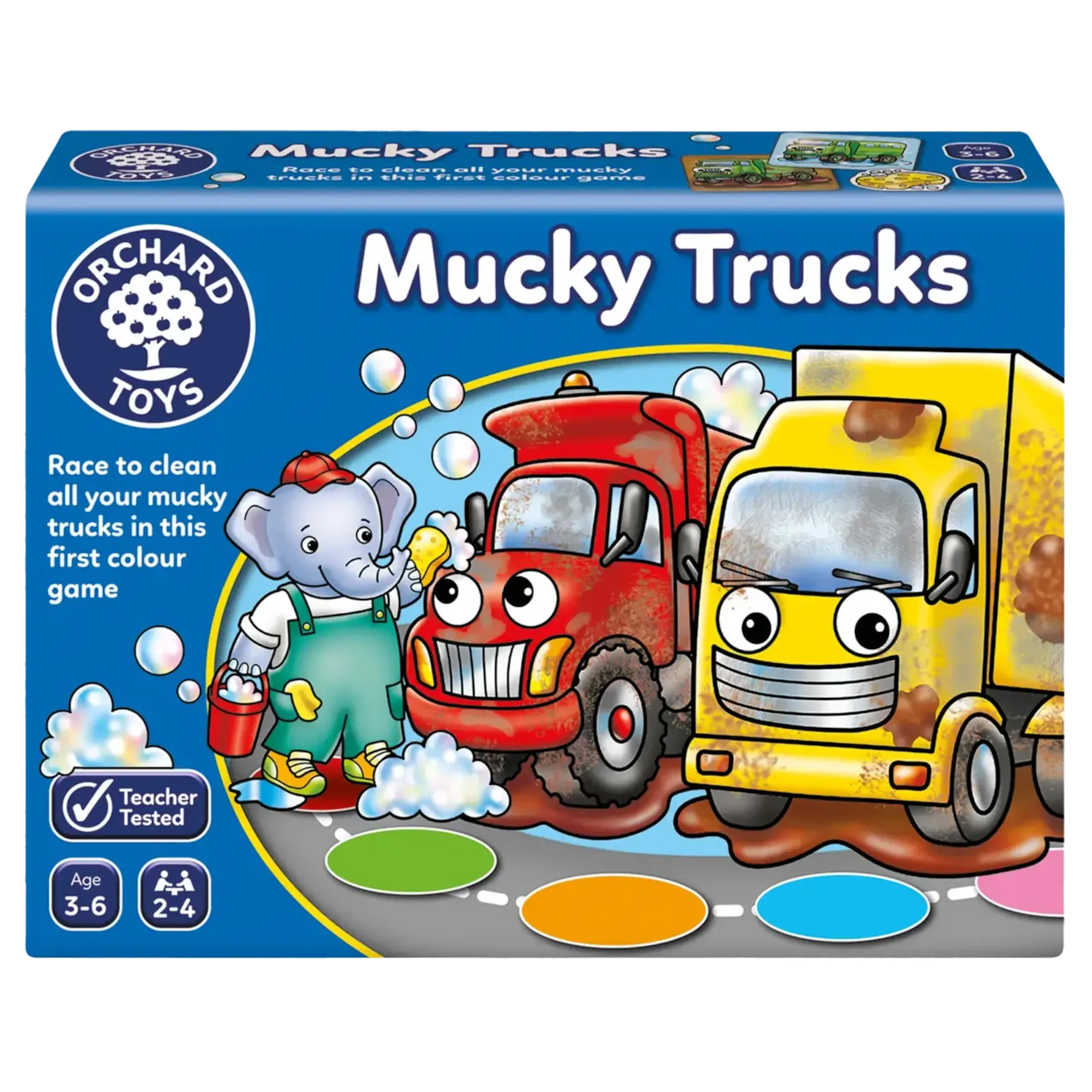 Box of Orchard Toys Mucky Trucks game with colorful trucks and elephant on a blue background