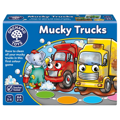 Box of Orchard Toys Mucky Trucks game with colorful trucks and elephant on a blue background