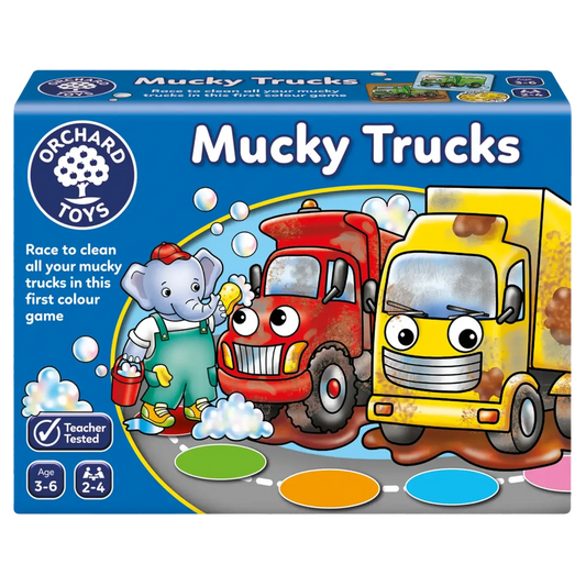 Box of Orchard Toys Mucky Trucks game with colorful trucks and elephant on a blue background