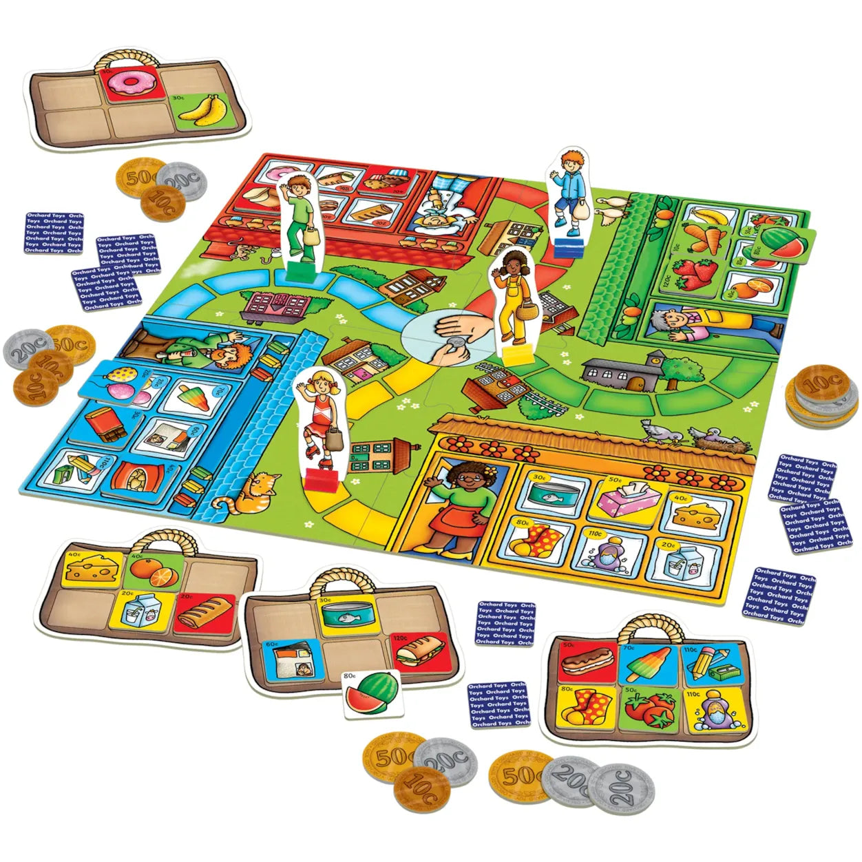 Children's board game with colorful tiles and character figures on a white background