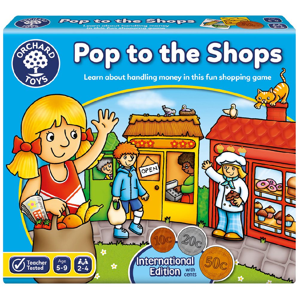 Orchard Toys 'Pop to the Shops' game box with a colorful illustration of children and shops.