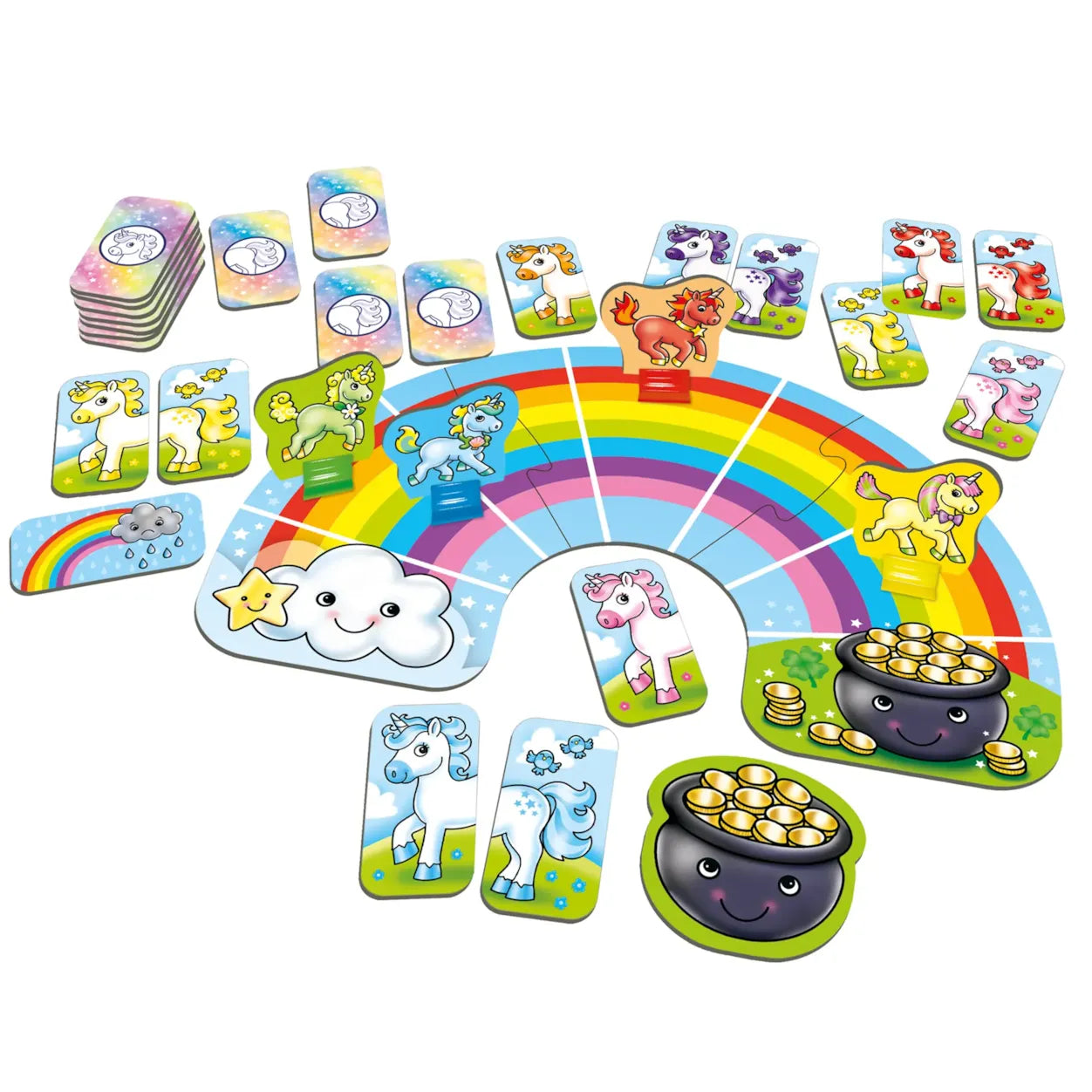 Children's board game with colorful cards and a rainbow-shaped spinner on a white background