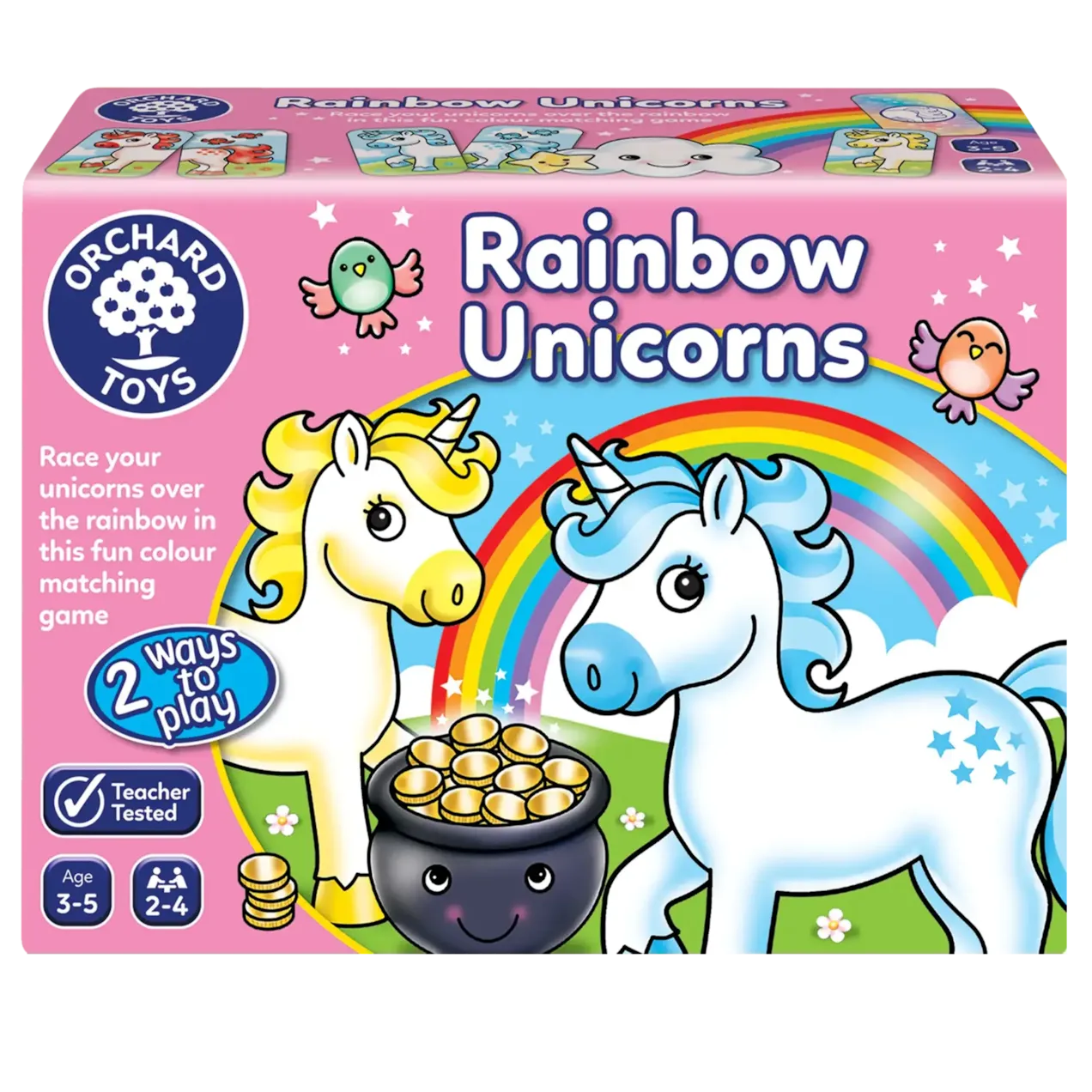 Orchard Toys Rainbow Unicorns game box with two unicorns and a rainbow on a pink background.