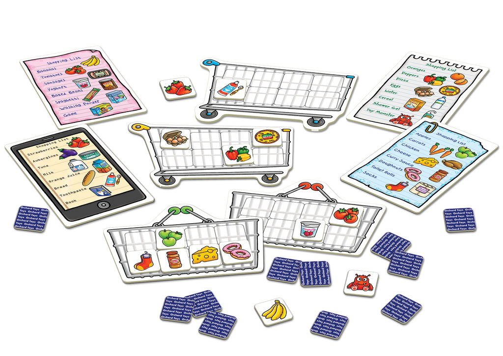 Educational game set with shopping carts, items, and tablets on a white background