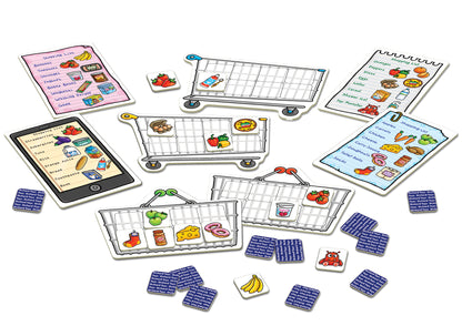 Educational game set with shopping carts, items, and tablets on a white background